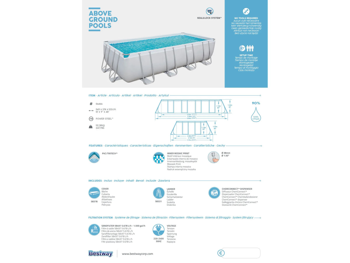 Bestway Stahlrahmenpool-Set Power Steel 549 cm x 274 cm x 122 cm Rechteckig