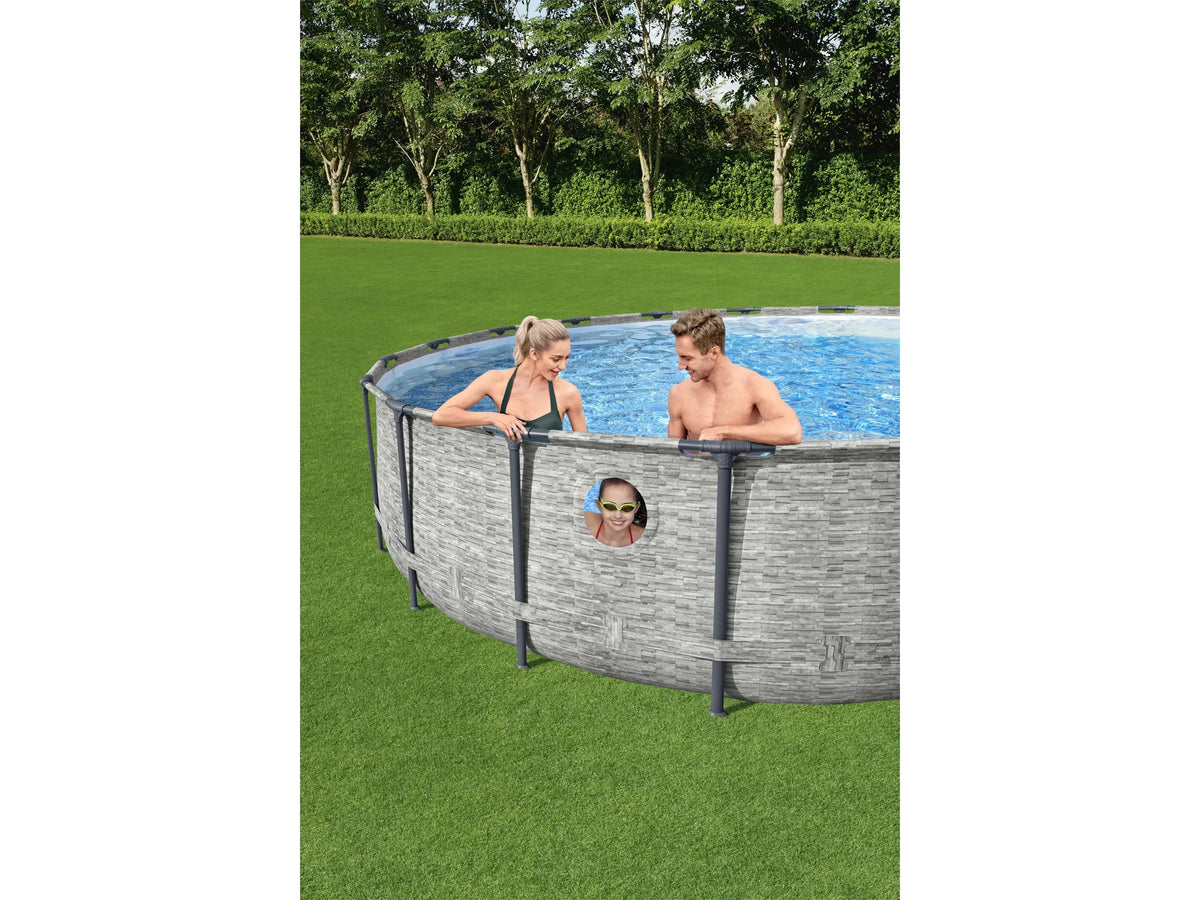 Bestway Stahlrahmenpool Set Power Steel Swim Vista Ø 488 cm x 122 cm Rund Grau