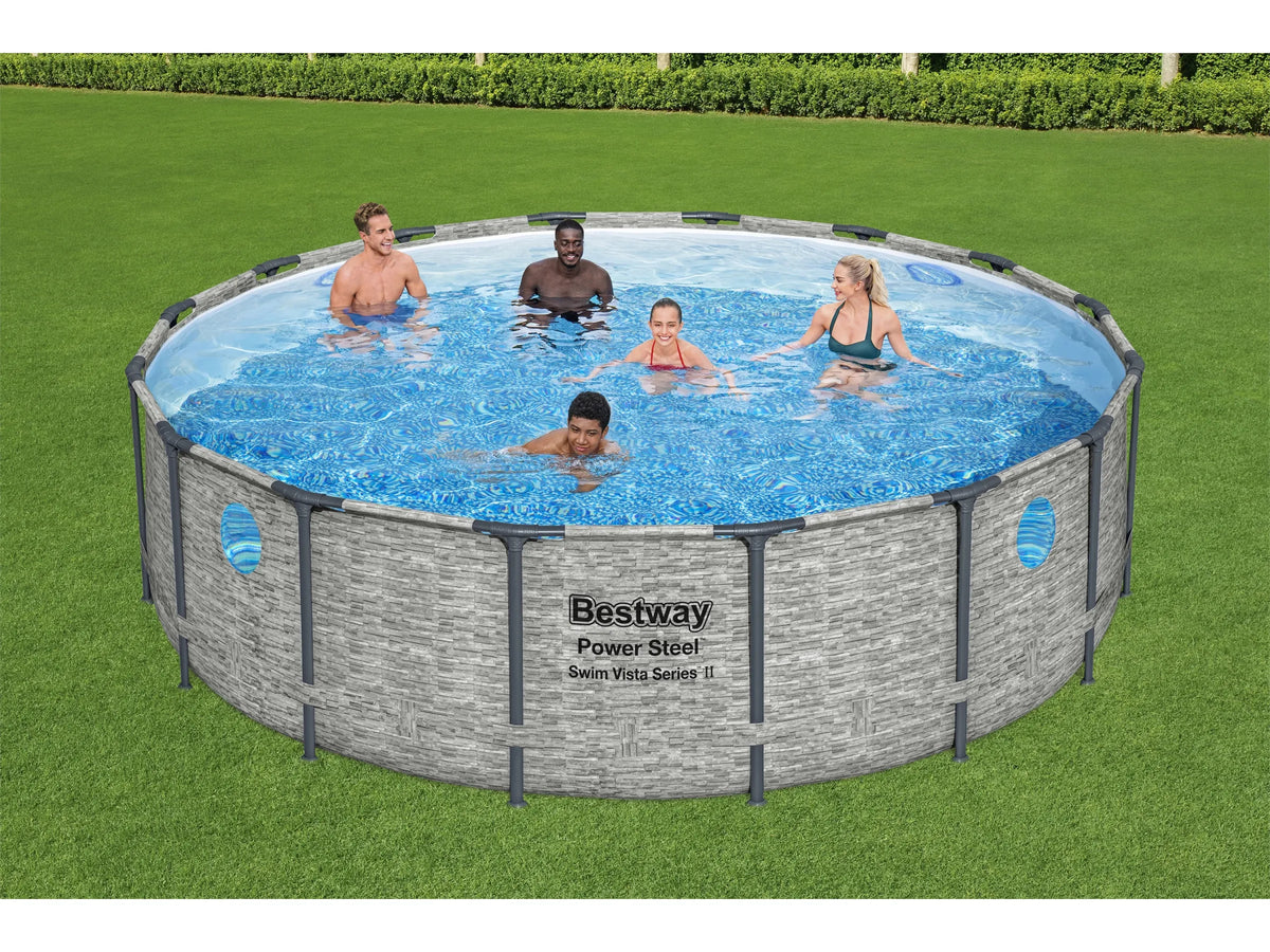 Bestway Stahlrahmenpool Set Power Steel Swim Vista Ø 488 cm x 122 cm Rund Grau